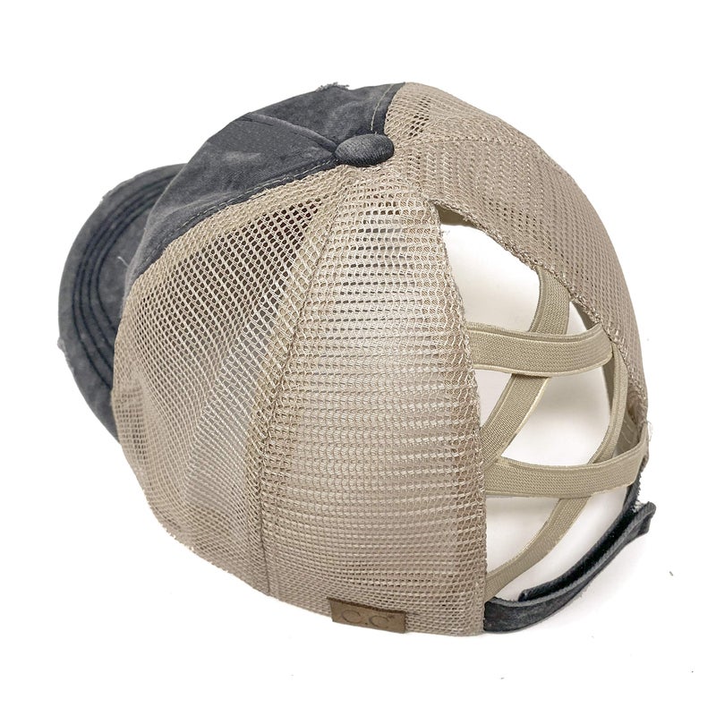 Funky Junque Women's Distressed Ponytail Hat Funny Messy Bun Ball Cap Trucker Hat with Ponytail Hole - Beige Mesh - Charcoal (Distressed) - Image 1